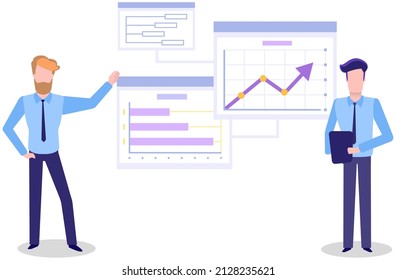 Visualize with business analytics. People work with statistical data analysis, changing indicators. Employees analyze statistical indicators, business data. Characters work with marketing research