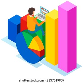 Visualize with business analytics. People work with statistical data analysis, changing indicators. Employees analyze statistical indicators, business data. Characters work with marketing research