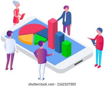 Visualize with business analytics. People work with statistical data analysis, changing indicators. Employees analyze statistical indicators, business data. Characters work with marketing research
