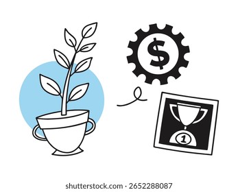 Visualize o crescimento financeiro com esta ilustração vetorial. Uma planta em um pote com um troféu de cifrão simboliza sucesso empresarial e investimento. Perfeito para ilustrar finanças e conquistas.