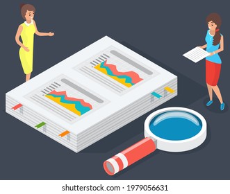 Visualize with graph and chart marketing growth. Women analyze statistics on paper. People work with statistical data analysis, changing indicators. Female characters discussing growth graph