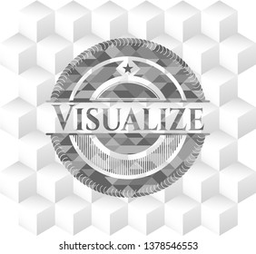 Visualize grey emblem. Retro with geometric cube white background