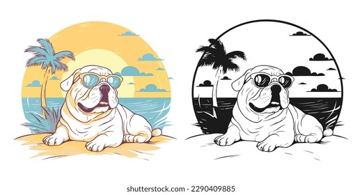 Visualize a happy Bulldog lounging on a tropical beach.Illustration of T-shirt design graphic.