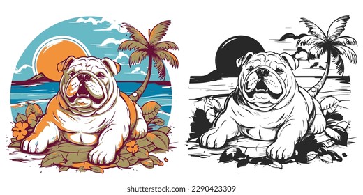 Visualize a happy Bulldog lounging on a tropical beach.Illustration of T-shirt design graphic.