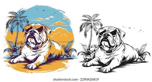 Visualize a happy Bulldog lounging on a tropical beach.Illustration of T-shirt design graphic.