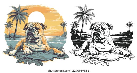 Visualize a happy Bulldog lounging on a tropical beach.Illustration of T-shirt design graphic.