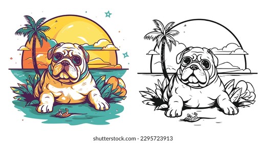 Visualize a happy Bulldog lounging on a tropical beach.Illustration of T-shirt design graphic.