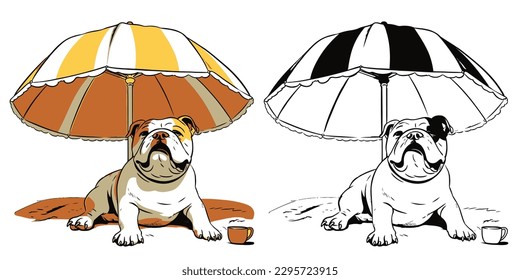 Visualize a happy Bulldog lounging on a tropical beach.Illustration of T-shirt design graphic.