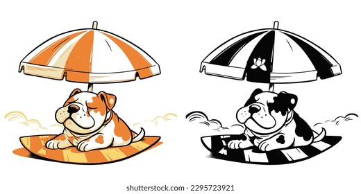 Visualize a happy Bulldog lounging on a tropical beach.Illustration of T-shirt design graphic.