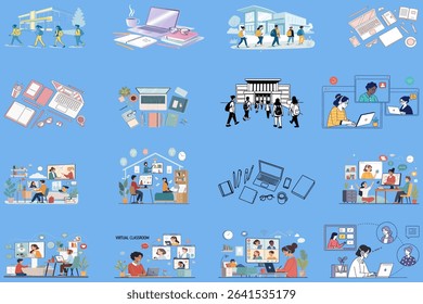 Visualize modern online education with this vector illustration of a virtual classroom. Featuring a teacher, students, and laptops engaged in video conferencing, 