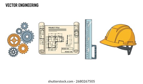 Visualize successful projects with this engineering blueprint, gears, ruler, and hard hat, perfect for construction, planning, and industrial design concepts.