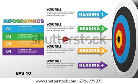Visualize your corporate goals and achievement milestones with this professional 4-step target infographic vector template. The design features a high-impact archery bullseye on the right side, with a central arrow hitting the gold center, perfectly symbolizing precision, success, and the accomplishment of business objectives. 

The layout is organized into four clearly defined horizontal stages, each color-coded for maximum clarity: sky blue for 01, vibrant green for 02, warm orange for 03, and royal purple for 04. Each step includes a primary 