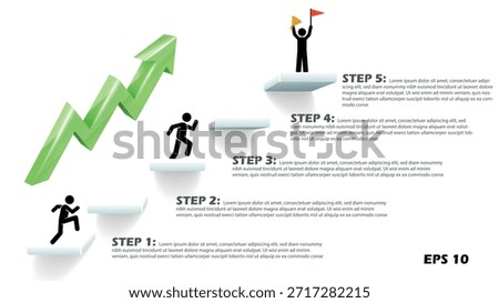 Visualize your path to professional success with this modern 5-step business growth staircase infographic template. The design features a dynamic 3D green upward-trending arrow, symbolizing financial growth, market expansion, and positive momentum. This arrow runs parallel to a series of five white floating steps that lead to the ultimate achievement goal.

The infographic utilizes human silhouette icons to illustrate the journey: one figure is seen climbing the initial steps, while another sits triumphantly at the summit holding a trophy and a flag. Each of the five levels is clearly labeled "STEP 1" through "STEP 5," accompanied by dedicated "Lorem ipsum" paragraph placeholders for your custom strategic content, milestones, or training instructions. 

This clean, minimalist layout on a white background is ideal for career coaching, motivational presentations, project management roadmaps, and corporate startup pitch decks. Provided as a high-quality EPS 10 vector, all elements—including the 3D arrow gradients, shadow depths, and silhouette figures—are fully editable and scalable. This allows you to easily customize the template to fit your specific branding while ensuring a professional and high-resolution appearance for both digital and print media.