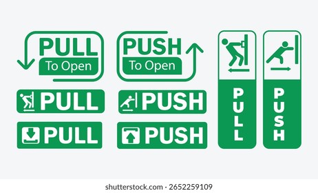 Visualiza seis signos verdes y blancos distintos que muestran instrucciones para abrir puertas, indicando acciones de Pull and Push con texto e iconos de figuras.