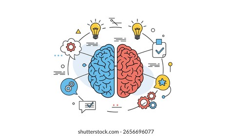 Visualizing the brains left and right hemispheres with cognitive functions and ideas represented by icons