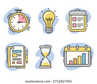 Visualisierung von Geschäftskonzepten mit Symbolen für Planung, Ideen und Zeitmanagement