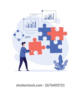 Visualizing a business strategy solution through puzzle pieces and data analytics representation