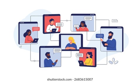 Visualizar um grupo conectado de indivíduos diversos que participam de uma reunião virtual usando dispositivos digitais.