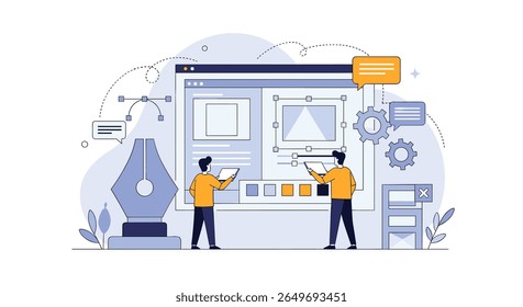 Visualização de processos de design digital e fluxos de trabalho de desenvolvimento com ferramentas interativas e profissionais criativos colaborando