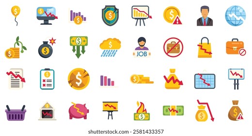 Visualizing economic downturn with icons symbolizing job losses, declining markets, and financial instability