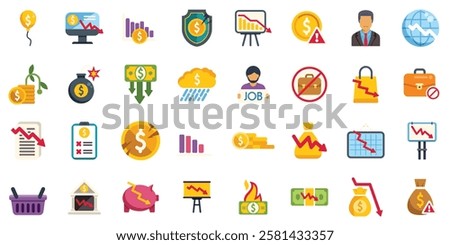 Visualizing economic downturn with icons symbolizing job losses, declining markets, and financial instability