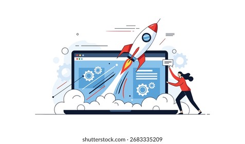 Visualizar o lançamento empolgante de um novo projeto e conceito de crescimento da empresa com um foguete ascendendo de uma tela de notebook simbolizando a inovação e o sucesso digitais.