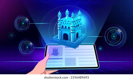 Visualizing and Experiencing 3D model of a Charminar India Monument in Augmented Reality-Vector Illustration