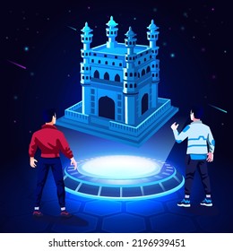 Visualizing and Experiencing a 3D model of a Charminar Indian Monument as a Hologram-Vector Illustration