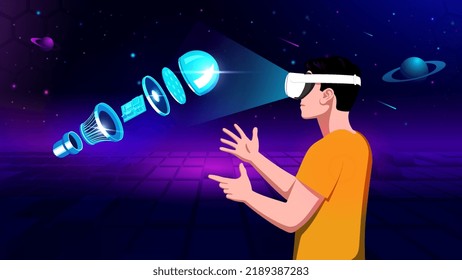 Visualizing and Experiencing a 3D model of an exploded electric light bulb in Virtual Reality-Vector Illustration