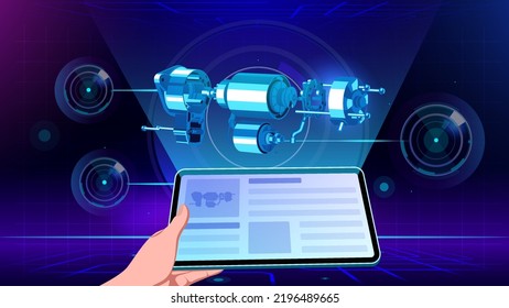 Visualizar y experimentar el modelo 3D de una vista explotada del dinamismo eléctrico en la ilustración aumentada del vector de realidad