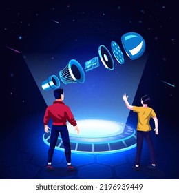 Visualizing and Experiencing a 3D model of an exploded electric light bulb as a Hologram-Vector Illustration