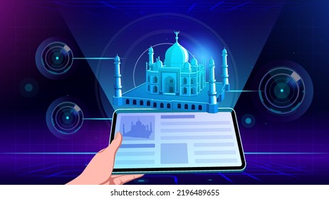 Visualizing and Experiencing a 3D model of a Taj Mahal Monument in Augmented Reality-Vector Illustration