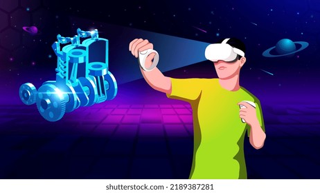 Visualizing and Experiencing 3D model of a Two Cylinder Diesel Engine in Virtual Reality-Vector Illustration 