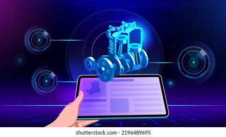 Visualisierung und Erlebnis eines 3D-Modells eines Zwei-Zylinder-Dieselmotors in erweiterter Realität-Vektorgrafik