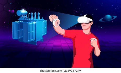 Visualizing and Experimenting 3D model of an Electronic transformer in Virtual Reality-Vector Illustration