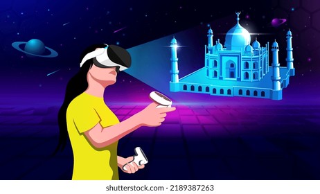 Visualizing and Experimenting 3D model of a Taj Mehal Indian Monument in Virtual Reality-Vector Illustration