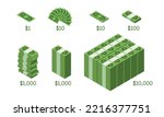 Visualizing money amount infographics clipart vector design. Set of 1 dollar, 10 dollars, 100 dollars, 1000 dollars, and 10000 dollars green money banknote dollar bills piles flat icon cartoon style