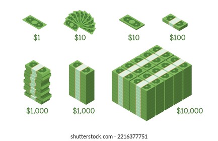 Visualizing money amount infographics clipart vector design. Set of 1 dollar, 10 dollars, 100 dollars, 1000 dollars, and 10000 dollars green money banknote dollar bills piles flat icon cartoon style