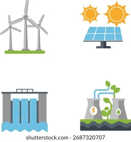 Visualizing sustainable power generation with distinct icons for wind solar hydroelectric and nuclear energy systems.