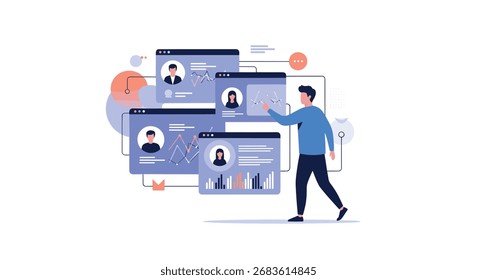 Visualizing user profiles and data analytics on digital screens for business strategy.