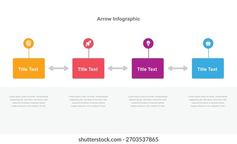 Visualizing workflow using an arrow infographic showcasing sequential steps with target, rocket, lightbulb, and briefcase icons, alongside editable text areas and connecting arrows.