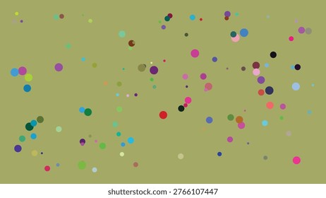 A visually abstract image featuring a random distribution of multicolored circular shapes varying in size and hue against a muted, neutral background. The composition appears dynamic and chaotic with.