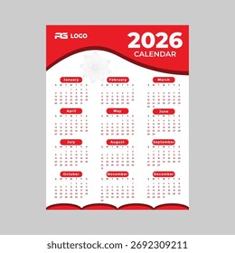 A visually appealing 2026 calendar template featuring a clean design with red accents. Ideal for planning, scheduling, and organizing your year effectively and efficiently.