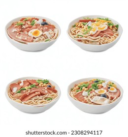 A visually appealing 3D vector graphic of ramen with noodles, isolated on a white background, perfect for a restaurant. The dish features a delightful combination of ingredients, including pork,  