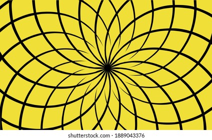 Visually appealing abstract background with overlapping curved black lines forming a symmetrical flower-like pattern on a bright yellow background. Modern digital art design with a geometric theme.