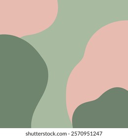 A visually appealing abstract composition featuring soft, organic shapes in muted tones of green and peach against a light green background.