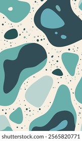 A visually appealing abstract design featuring a variety of organic shapes in shades of teal and blue, set against a light background.