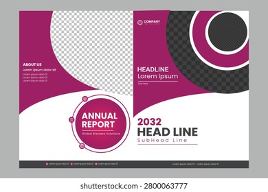 A visually appealing annual report template featuring a mix of purple, black, and white colors, with modern design elements, including geometric shapes and bold typography, set against a light grey ba