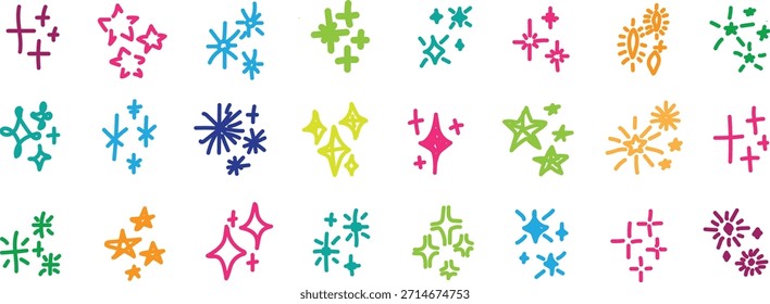 Una disposición visualmente atractiva de diversas Formas de estrellas de colores brillantes en varios estilos y composiciones contra un fondo blanco limpio