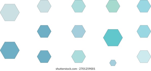 A visually appealing arrangement of hexagonal shapes in shades of blue and teal, varying in size and distributed across a clean white backdrop, creating a modern and minimalist aesthetic.
